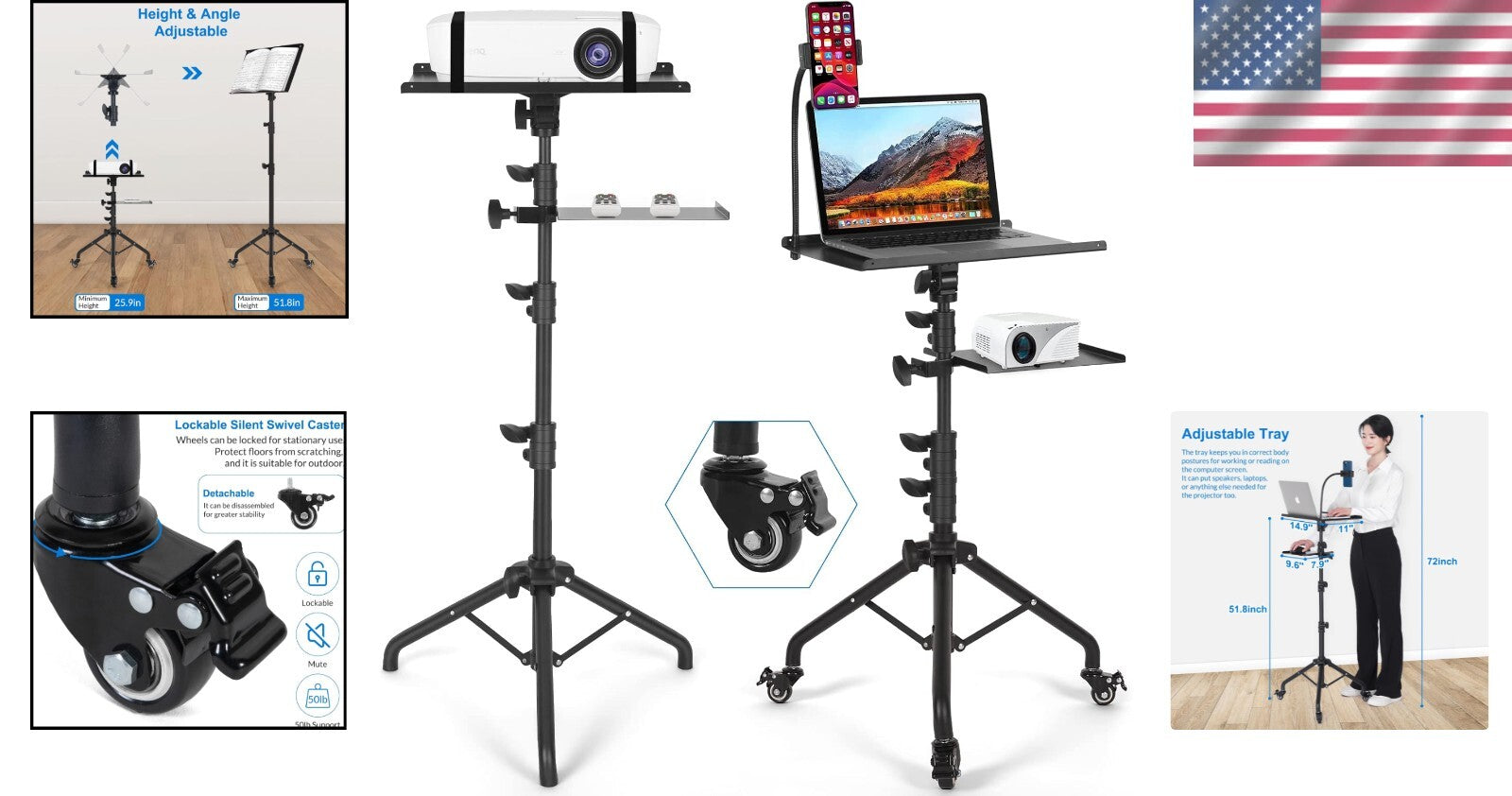 Versatile Tripod Stand for Laptop & Projector - 3 Levels, Height Up to 51.8 Inch