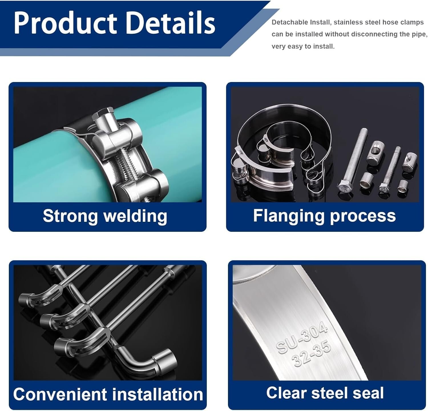 Adjustable 304 Stainless Steel T-Bolt Hose Clamps - 6 Sizes, M8 & M10 Wrenches