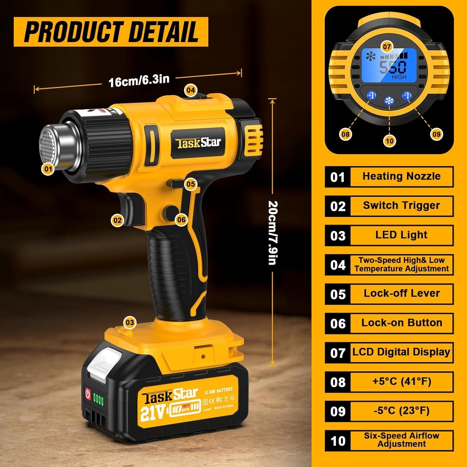 Efficient Cordless Heat Gun with Non-Slip Grip & 6 Nozzles for Every Project