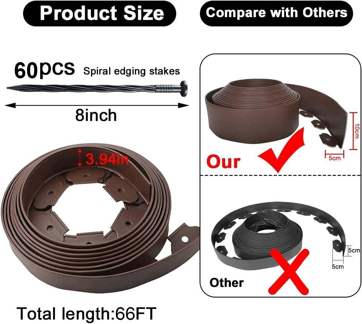 66FT Flexible Brown Garden Edging - Extra Tall 4IN for Stylish Lawn Borders