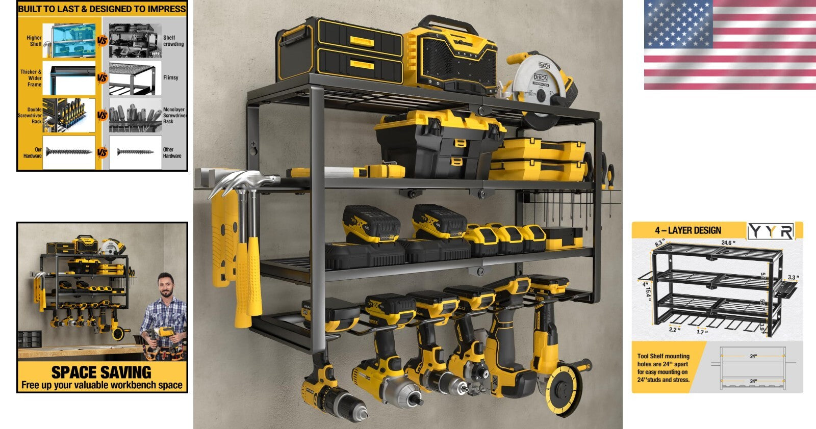 Wall Mounted Tool Storage Rack with Charging Shelf - 24 Inch Power Organizer