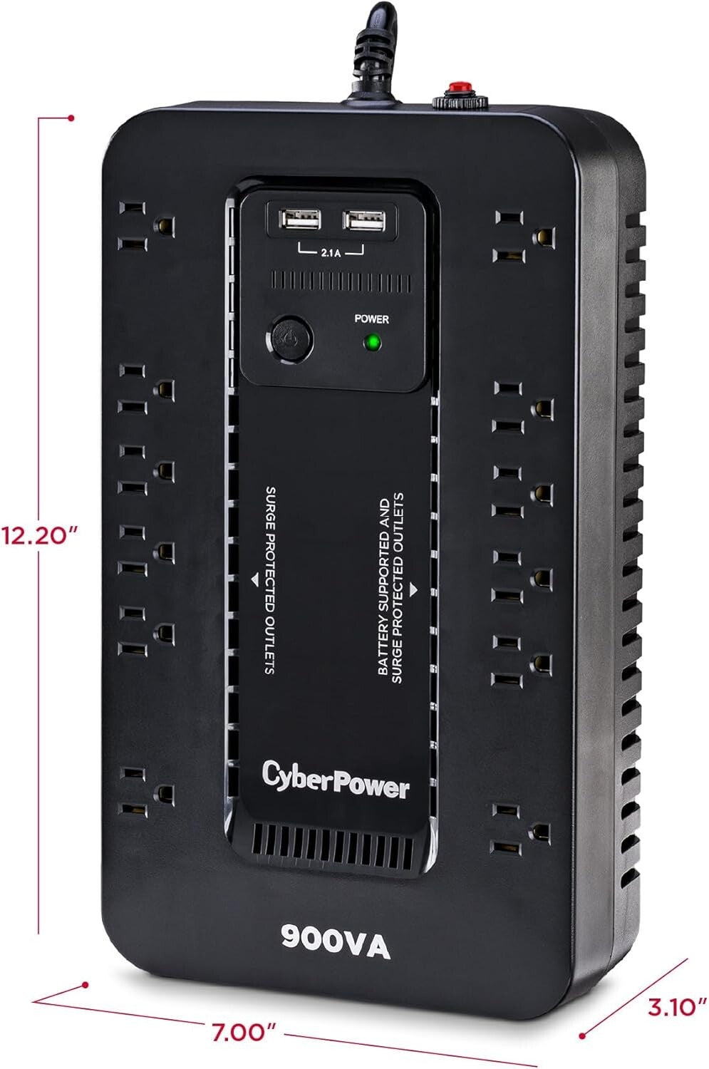 900VA/500W Uninterruptible Power Supply with USB Charging - Space-Saving Design