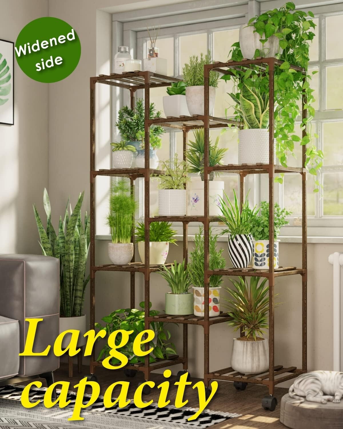 Carbonized Wood Plant Stand with Wheels - Holds 11-25 Pots for Versatile Display