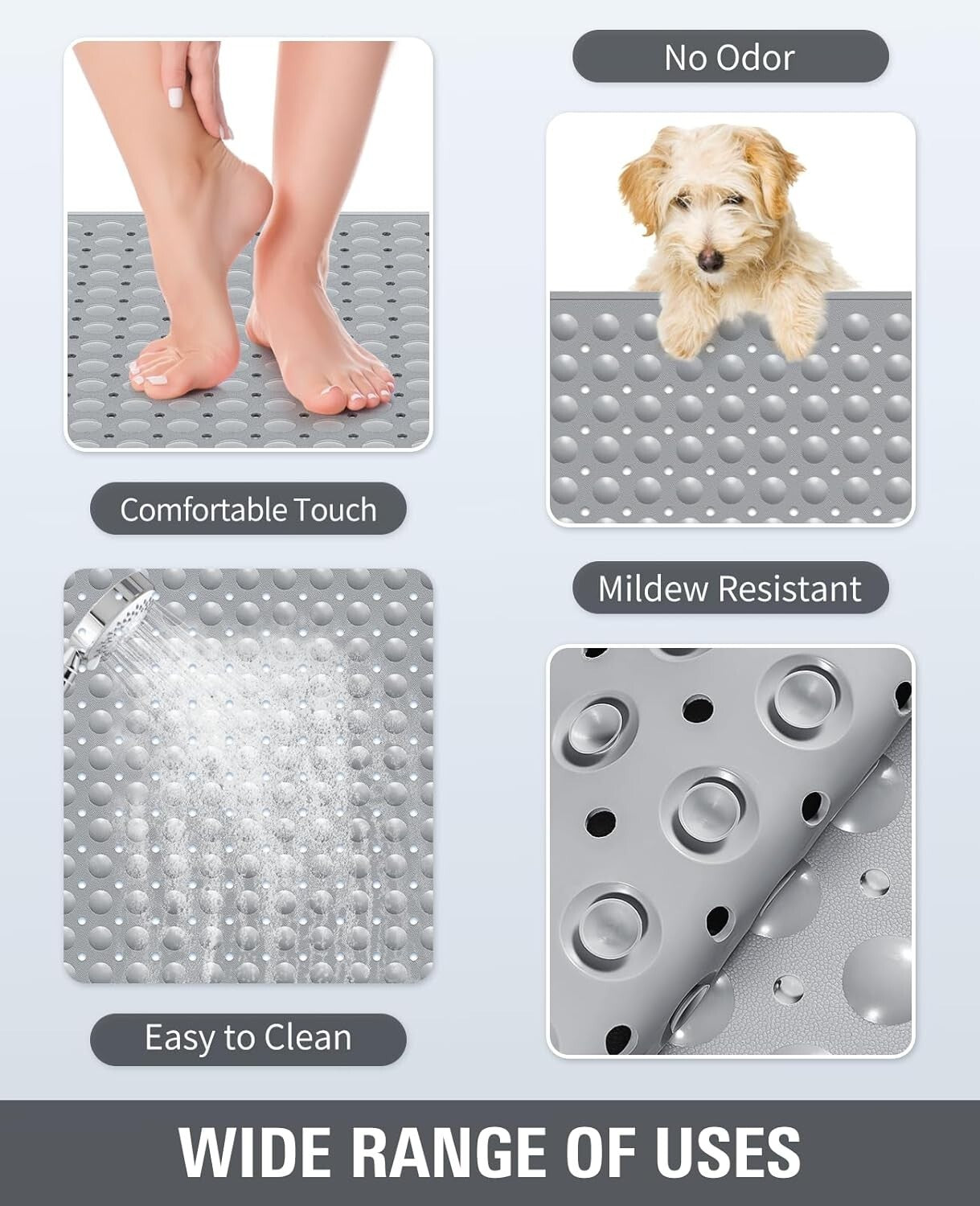 Durable Dark Grey TPE Anti-Slip Shower Mat with Suction Cups - 47.2"x31.5"