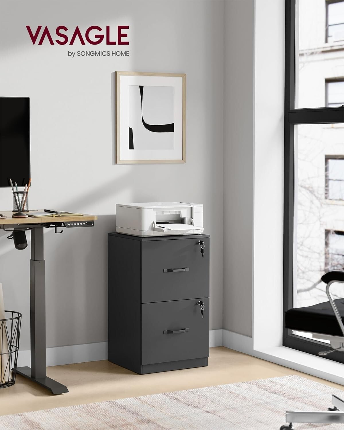 Stylish Ink Black Office Filing Cabinet with Lockable Drawers - Freestanding