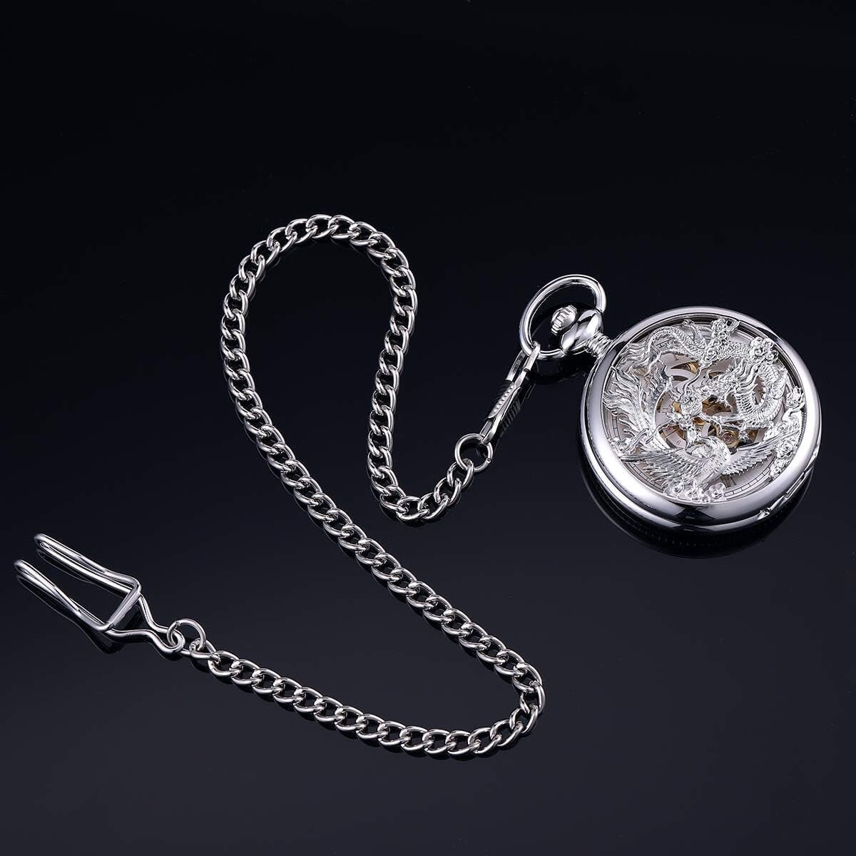 Elegant Mechanical Pocket Watch with Skeleton Dial - Dragon & Phoenix Design