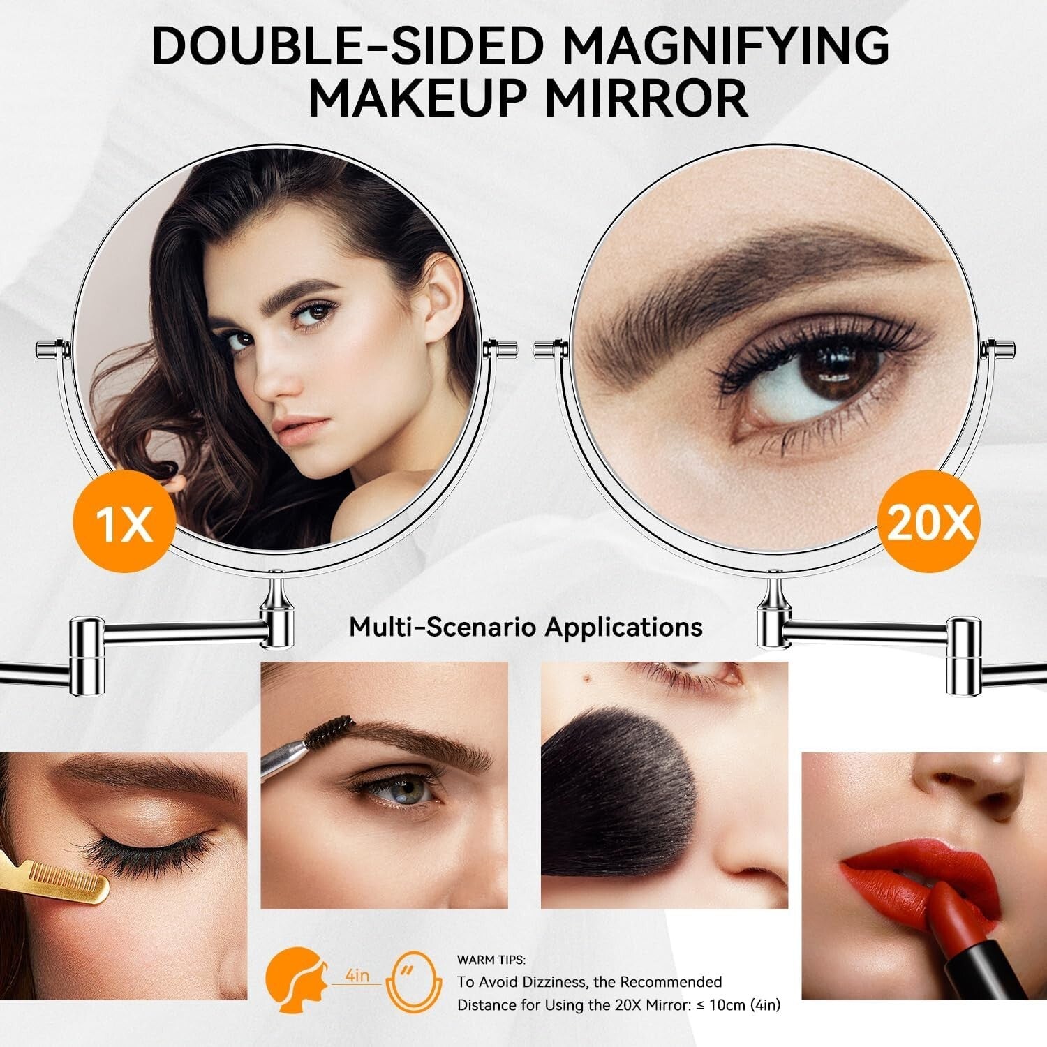 Double-Sided 20X Magnifying Chrome Makeup Mirror with Wall-Mount & Tweezers