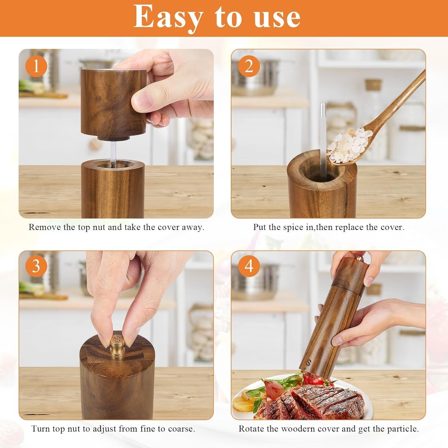 8-Inch Manual Salt and Pepper Grinders - Adjustable Coarseness & Natural Wood