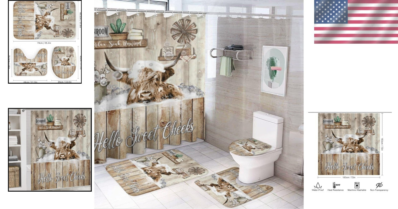 Funny Highland Cow Shower Curtain Set - 4-Piece with Non-Slip Bath Accessories