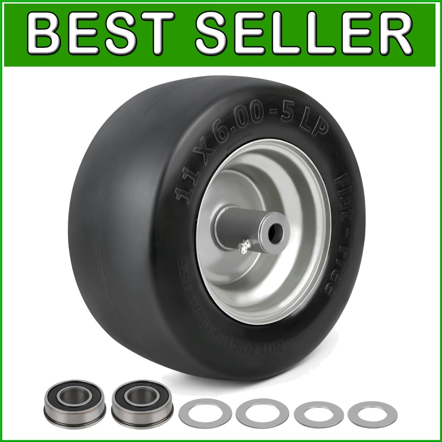 Durable 11" x6.00-5" Flat Free Tire for Zero Turn Mowers with Extra Adapters