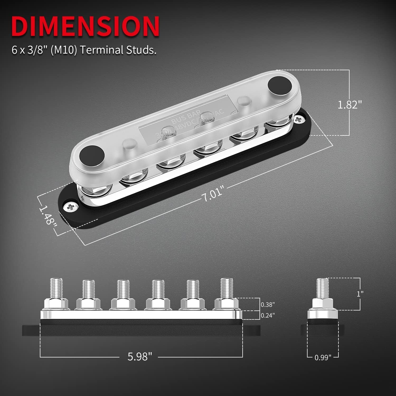 300A 12V Marine Power Distribution Block with Cover - 6 M10 Terminal Studs
