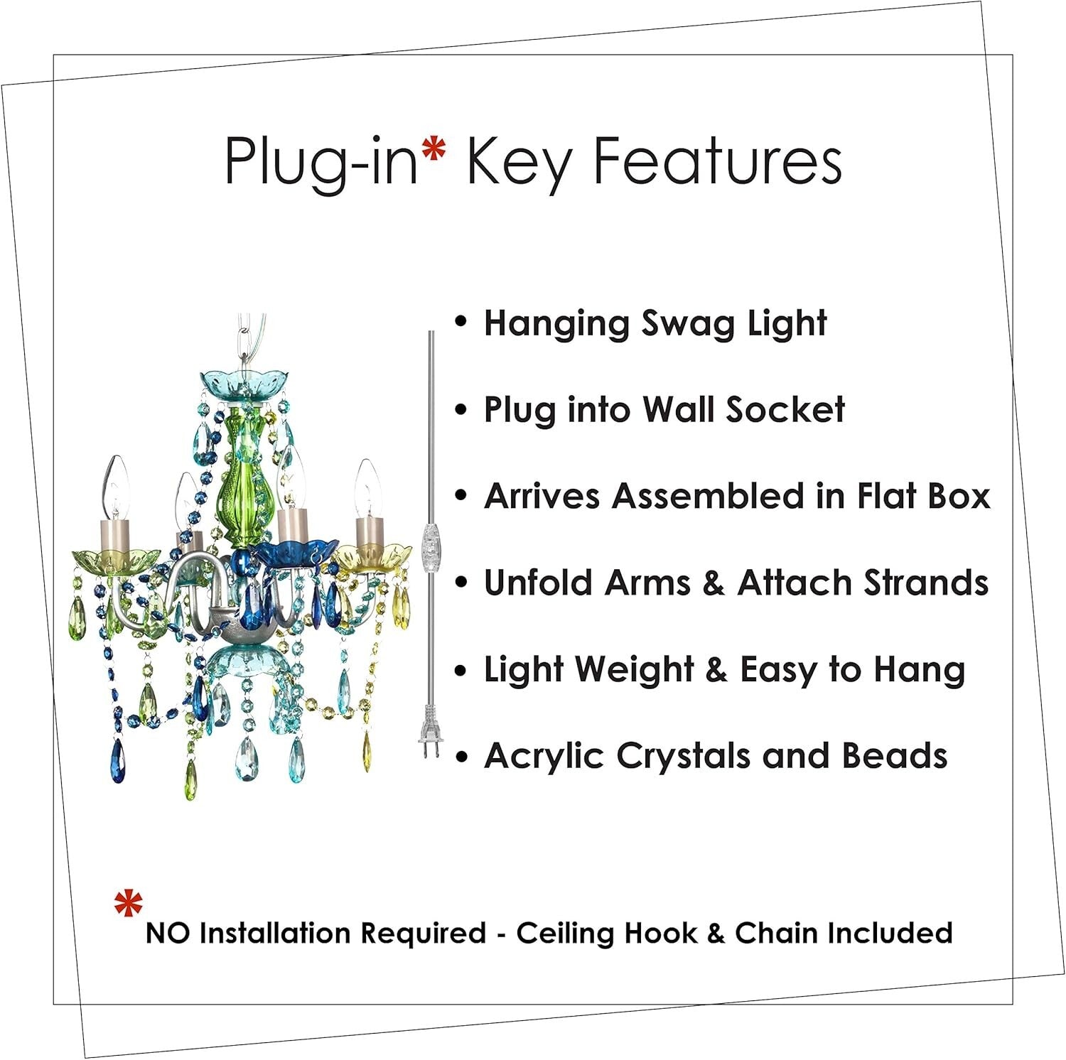 4-Light Plug-in Blue Green Acrylic Crystal Hanging Chandelier - Wedding Elegance