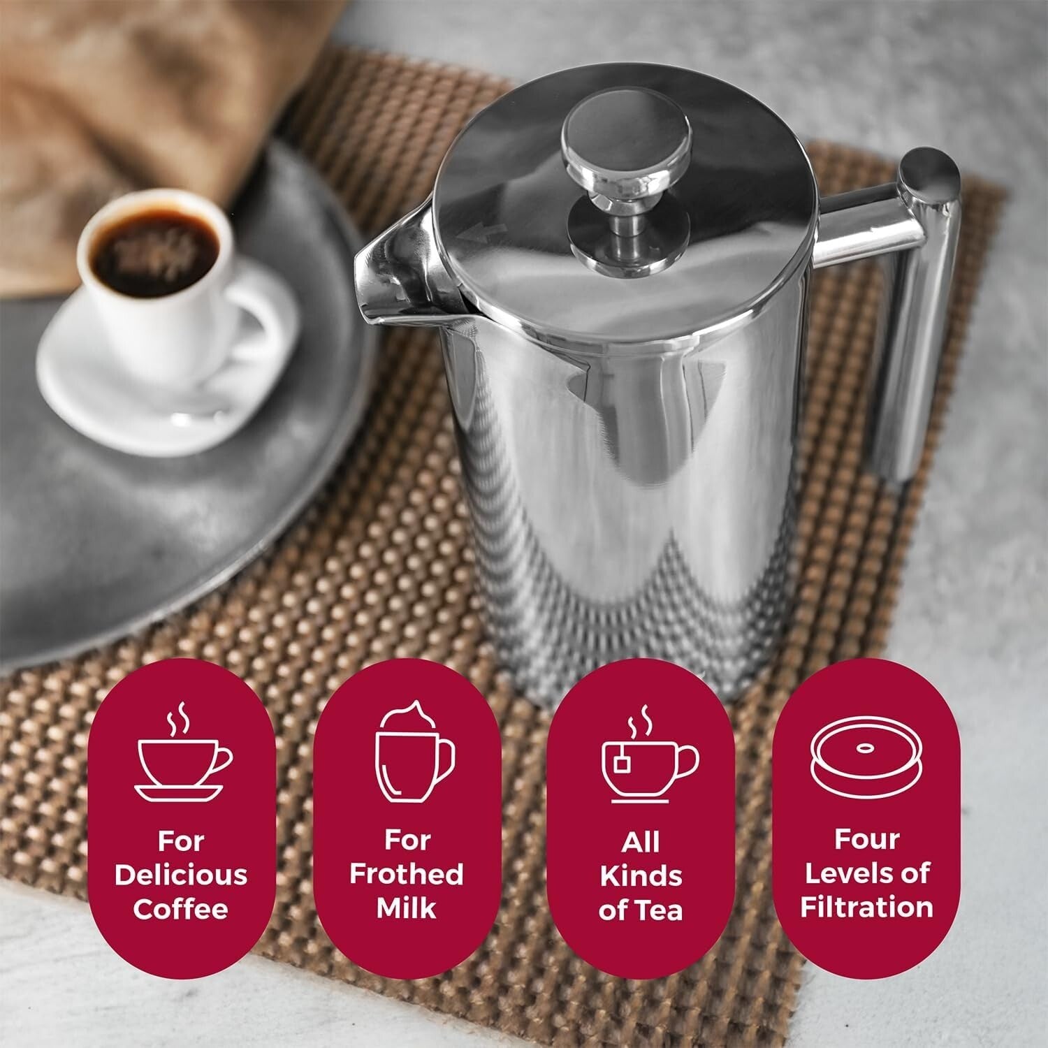 34oz Stainless Steel French Press with 4-Level Filtration for Rich Coffee Flavor