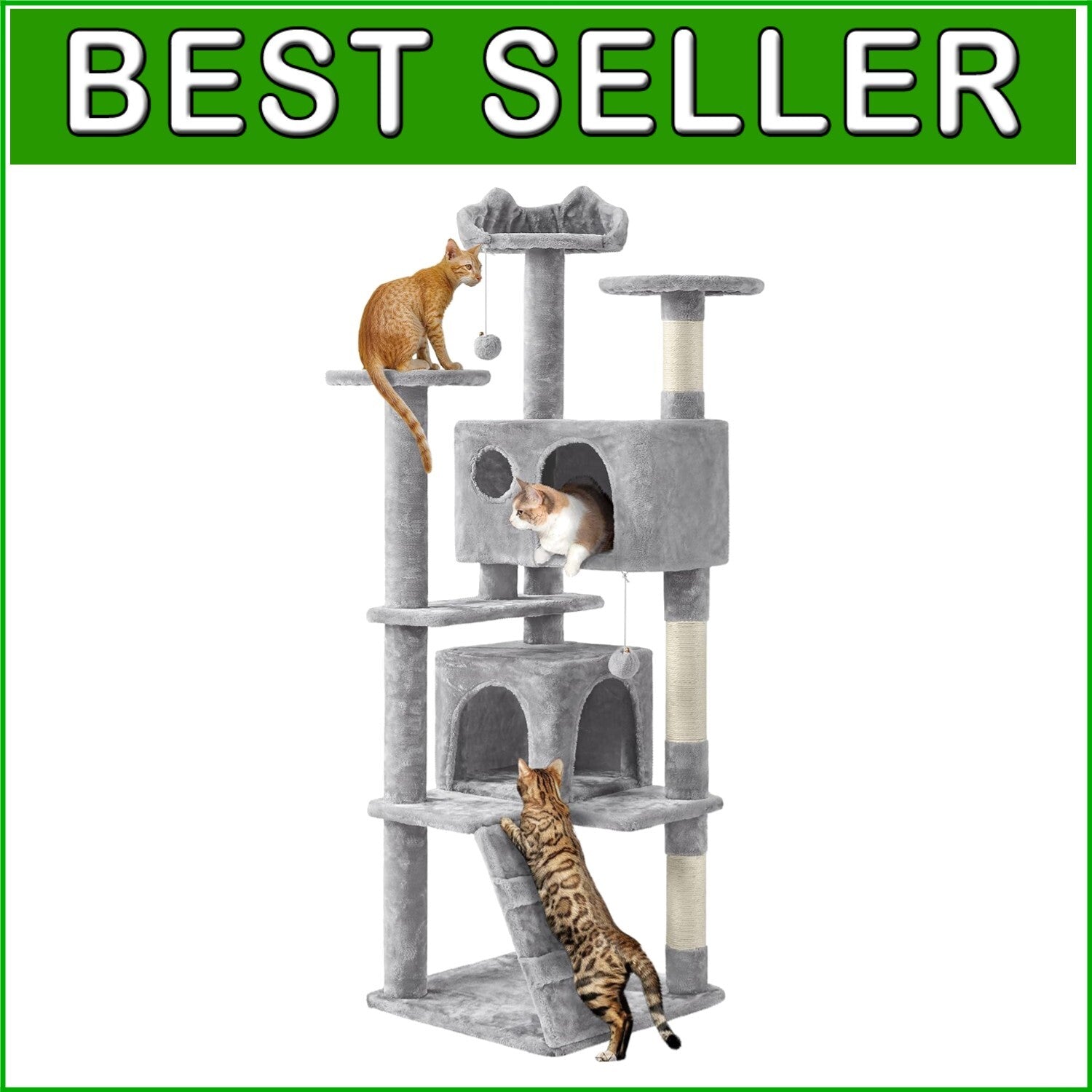 Light Gray Cat Condo with Three Platforms & Scratching Posts - Easy Assembly