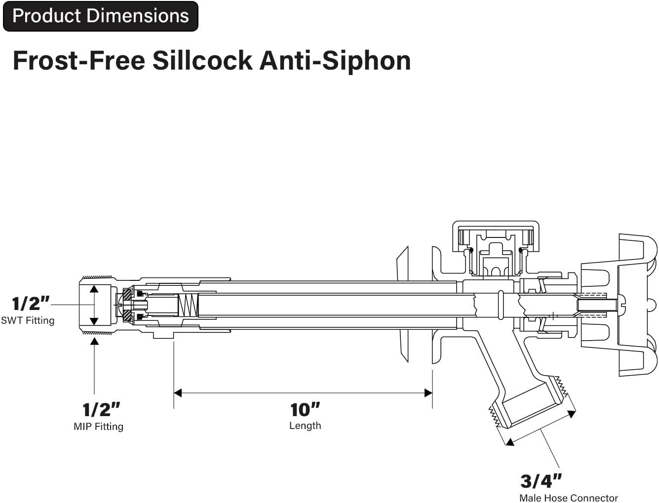 Frost-Free 10'' Chrome Plated Brass Sillcock with Vacuum Breaker - Anti-Siphon
