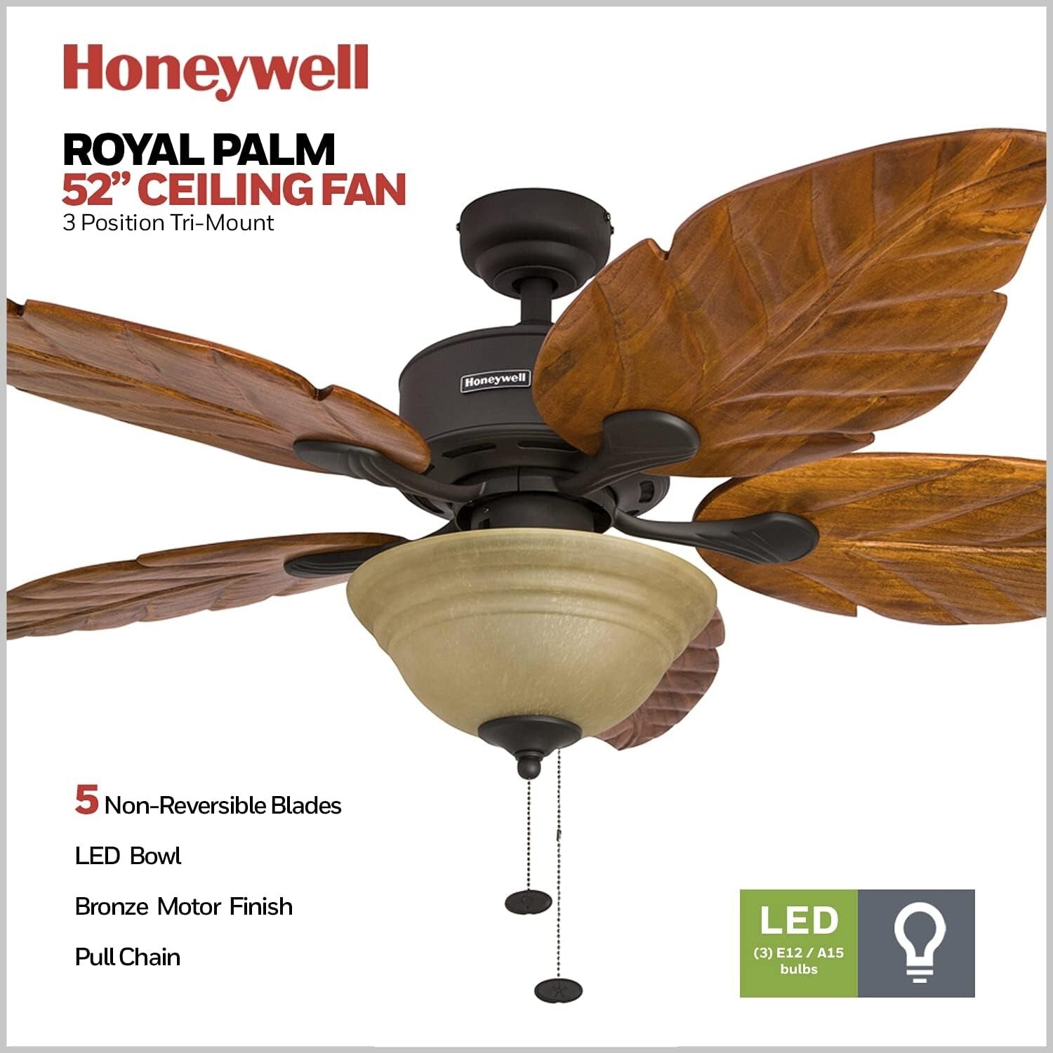 Royal Palm 52" Tropical LED Ceiling Fan with Pull Chain & Hand-Carved Blades