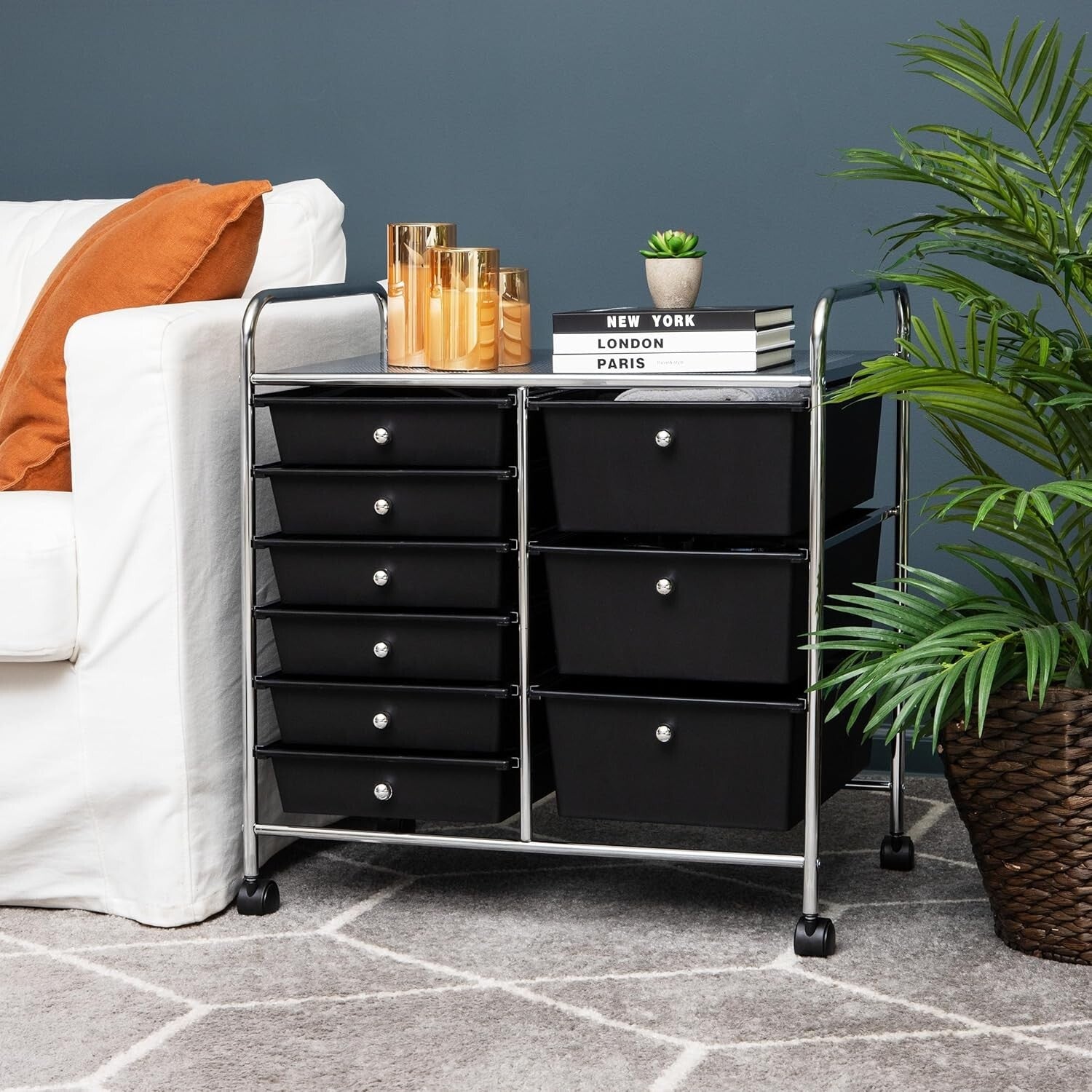 Durable Metal Utility Cart with 9 Drawers - Space-Saving Storage in Black/Silver