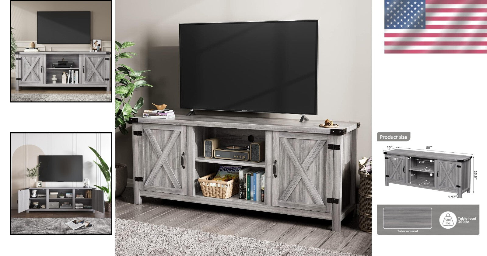Rustic Gray Wash Barn Door Media Console - Ideal for Living Room and TV Storage