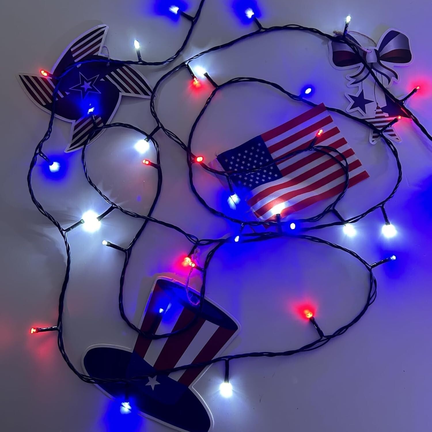 4-Pack Solar LED String Lights 132FT in Red, White & Blue for Independence Day