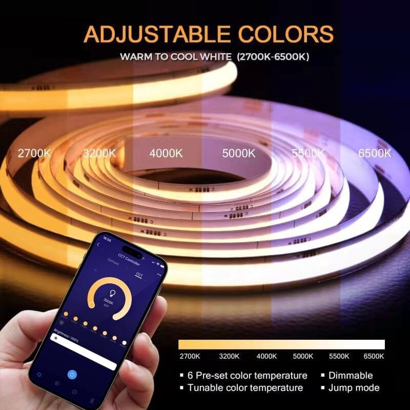 CCT 32.8ft Tunable White LED Strip - Bluetooth Dimmable Tape Light for Elegance