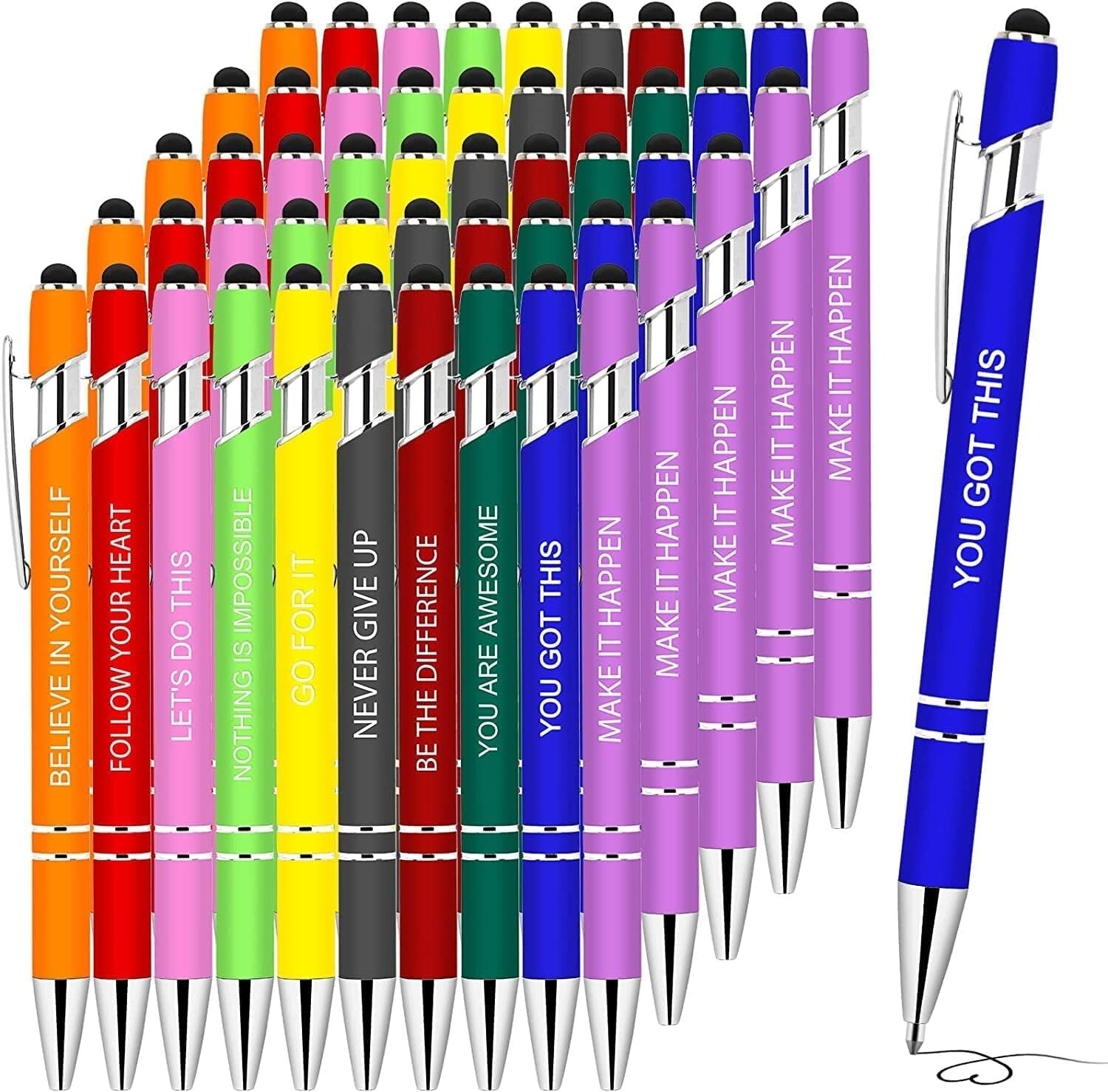 50-Piece Inspirational Pens with Stylus Tip - Motivational Quotes for Coworkers