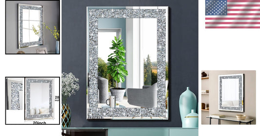 Elegantly Crafted 28x20" Silver Frameless Rectangle Mirror with Crystal Design