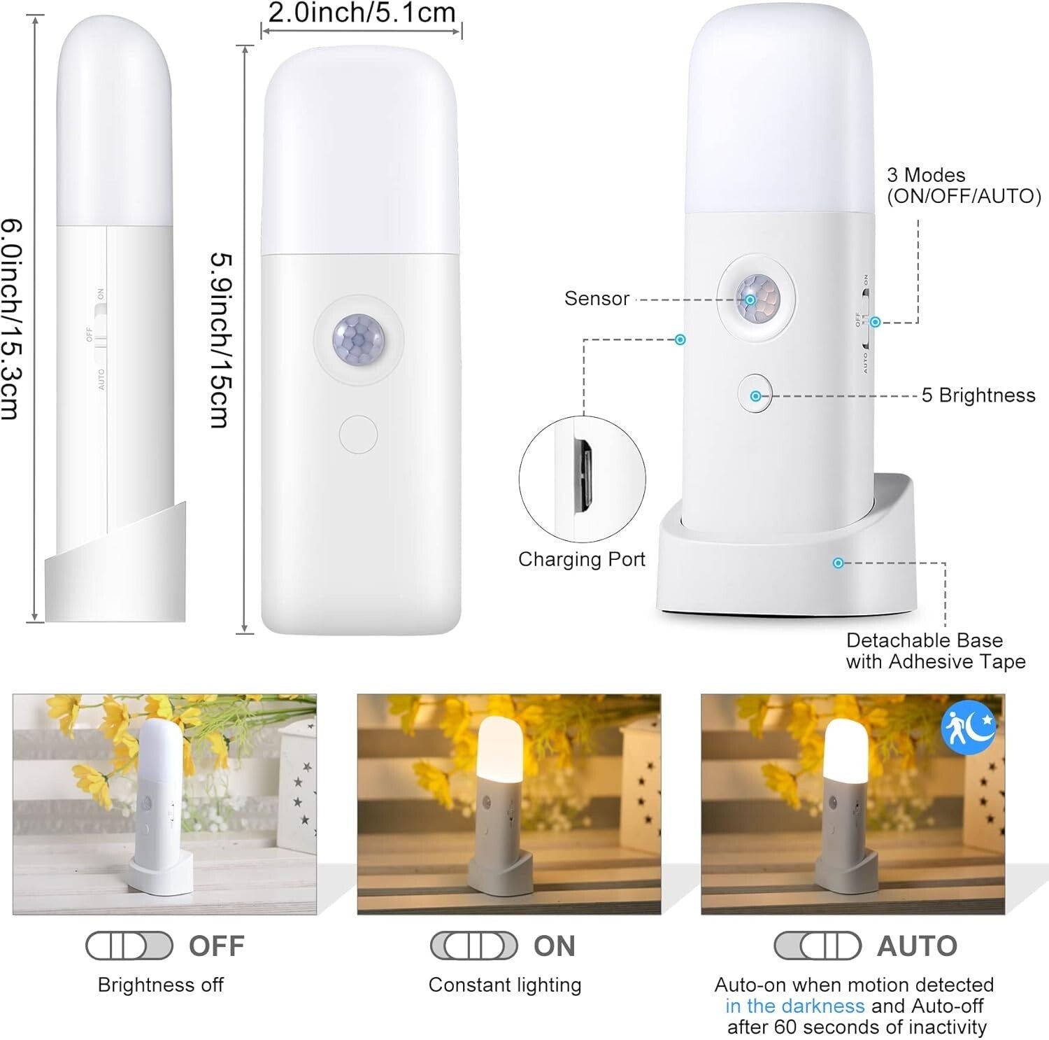 Art Deco Style Motion Sensor Night Lights - Adjustable Brightness & Indoor Use