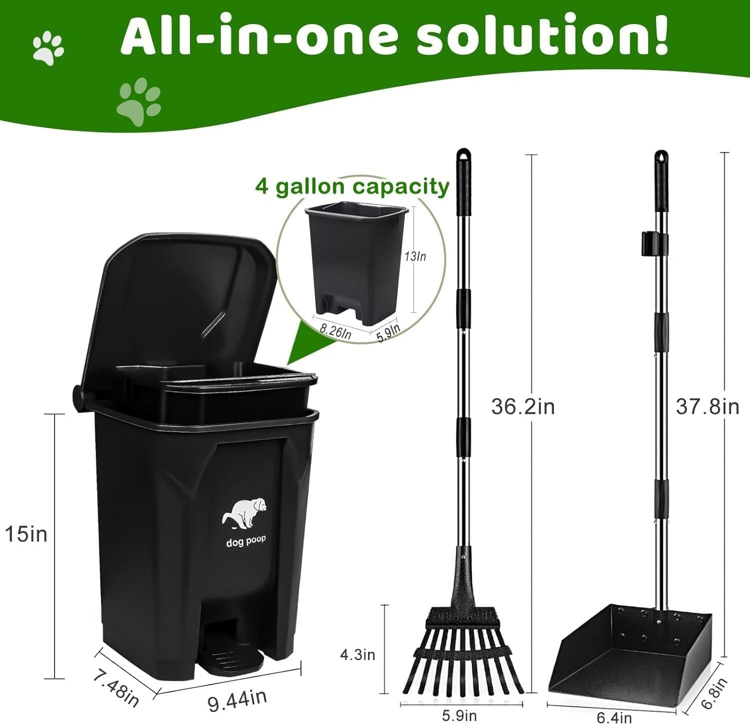 Compact Outdoor Dog Waste Bin with Rake, Tray & 100 Garbage Bags Included