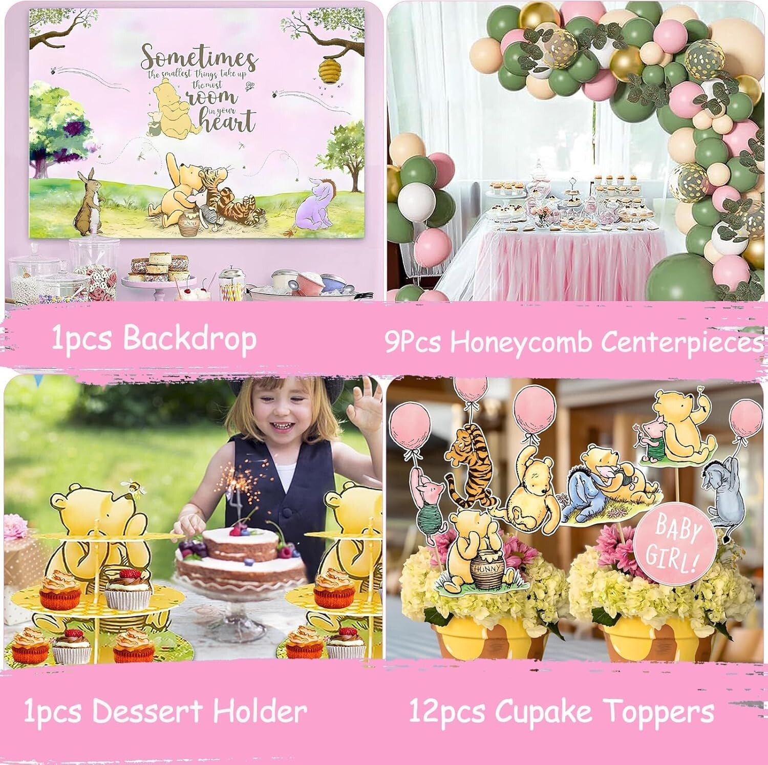 Classic Winnie Pooh Baby Shower Decorations in Pink – Complete 158-Piece Set