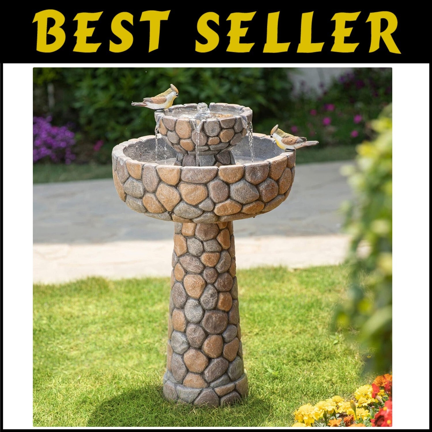 Lifelike Birds Decorated 2-Tier Faux Pebbles Fountain—Stylish Addition to Patios