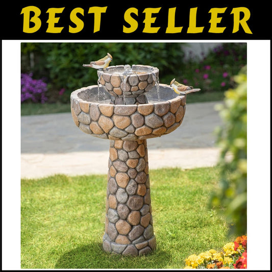 Lifelike Birds Decorated 2-Tier Faux Pebbles Fountain—Stylish Addition to Patios