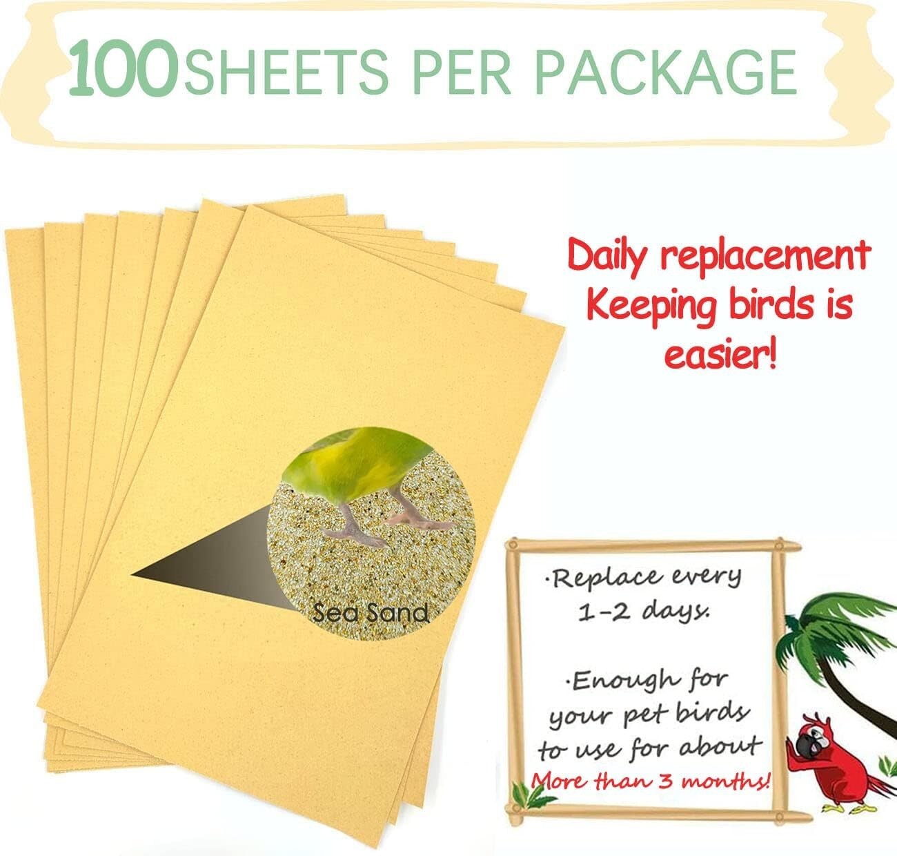 Extra Large 100PCS Bird Cage Paper Liners - Natural Sea Sand for Healthier Birds