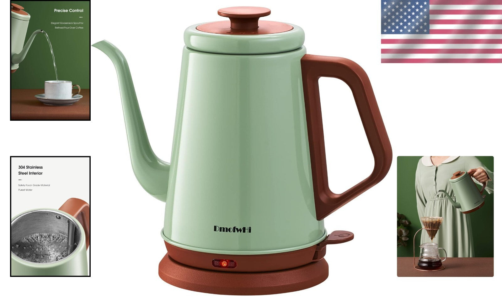 304 Stainless Steel Electric Kettle with Gooseneck Spout - 1L Capacity in Green