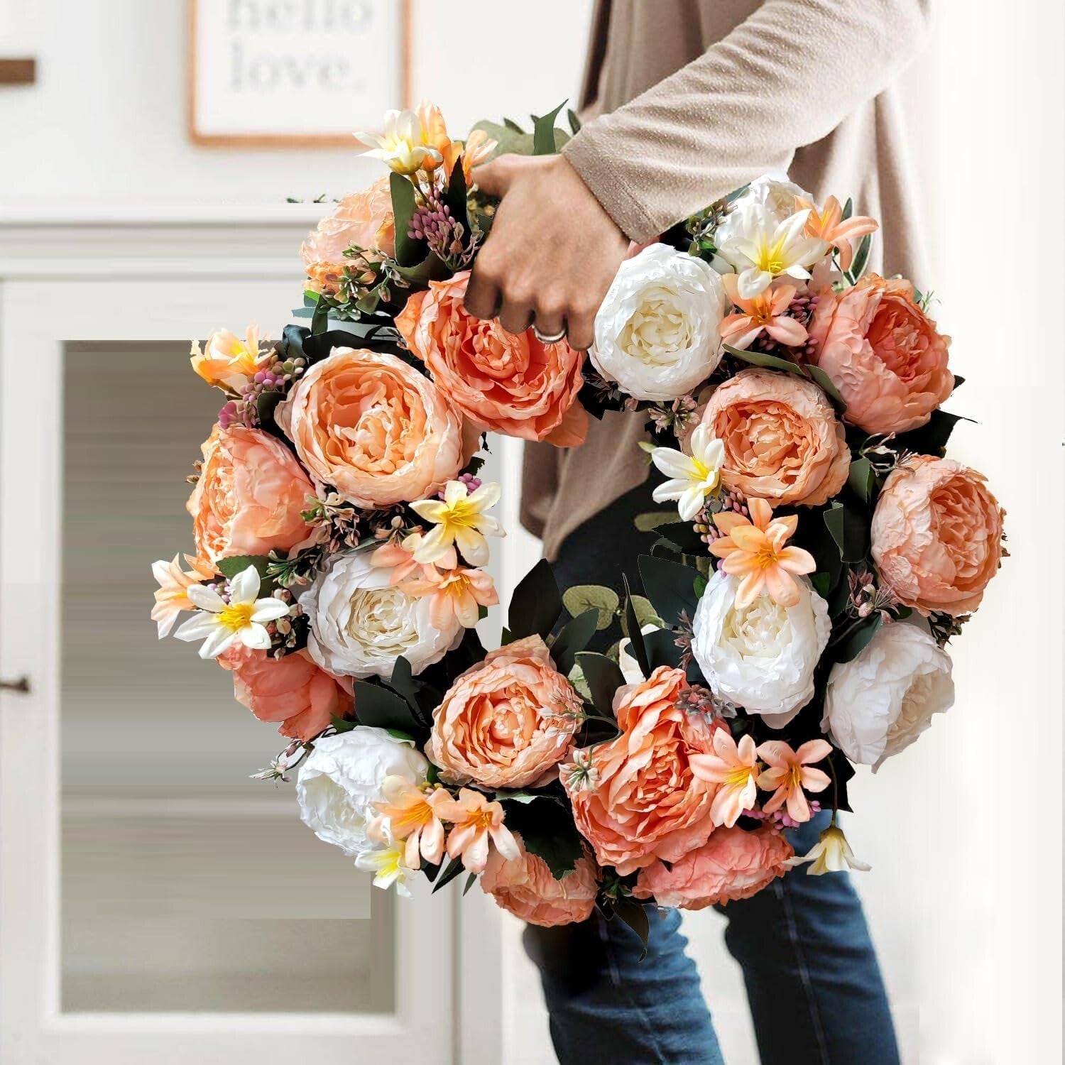 Eye-Catching 20-Inch Spring Wreath Featuring Champagne Gold Roses - Gift Ready