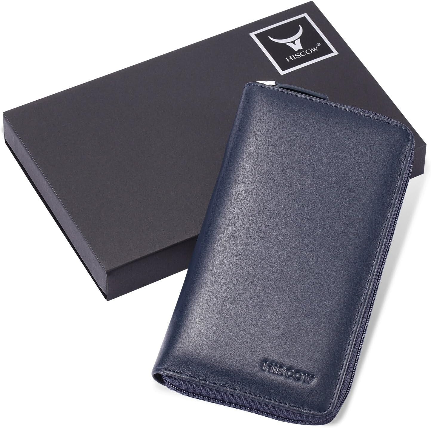 Italian Calfskin Zippered Checkbook Cover with Divider & Card Slots - Dark Blue