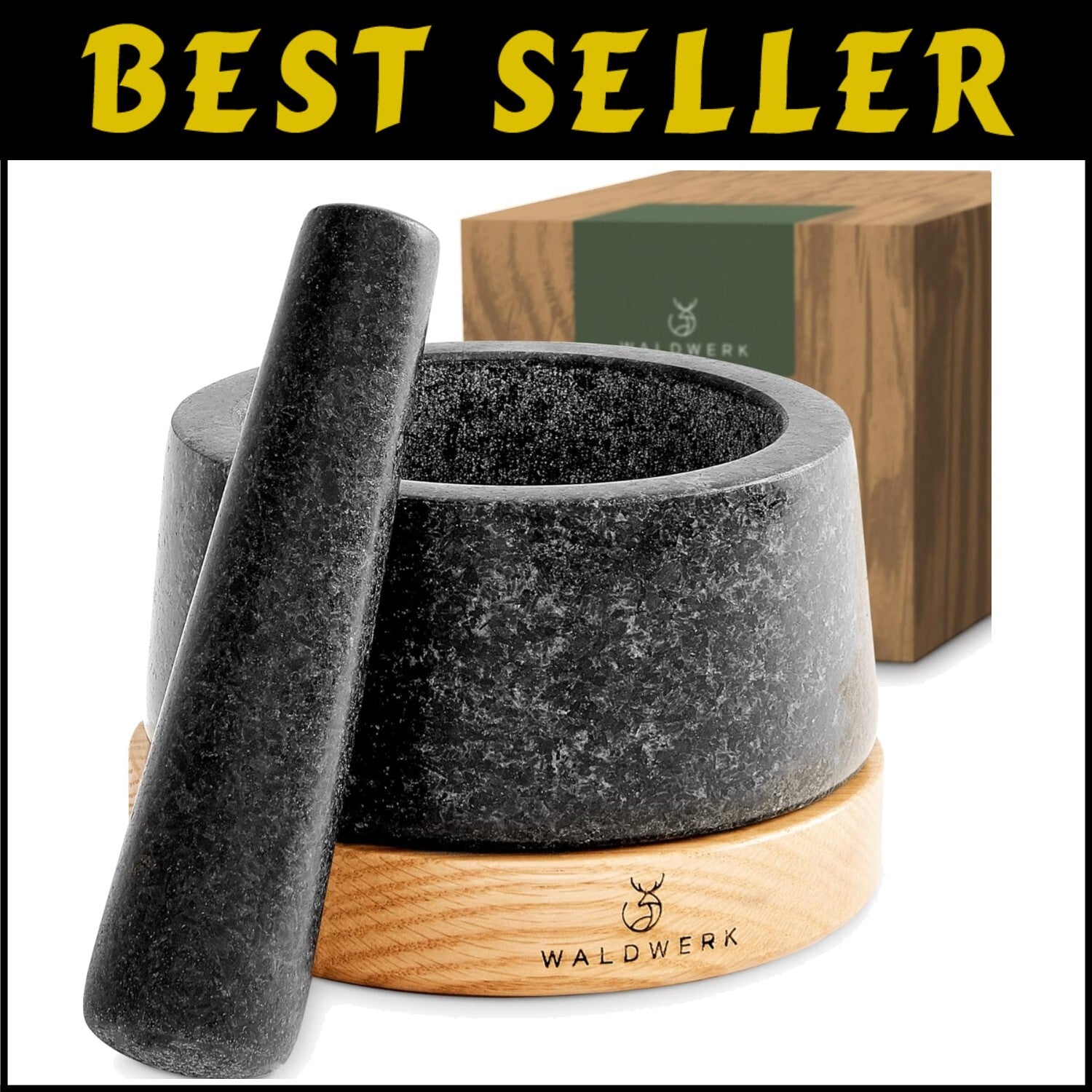 Extra Large Granite Mortar and Pestle Set - Oak Wood Base for Scratch Protection