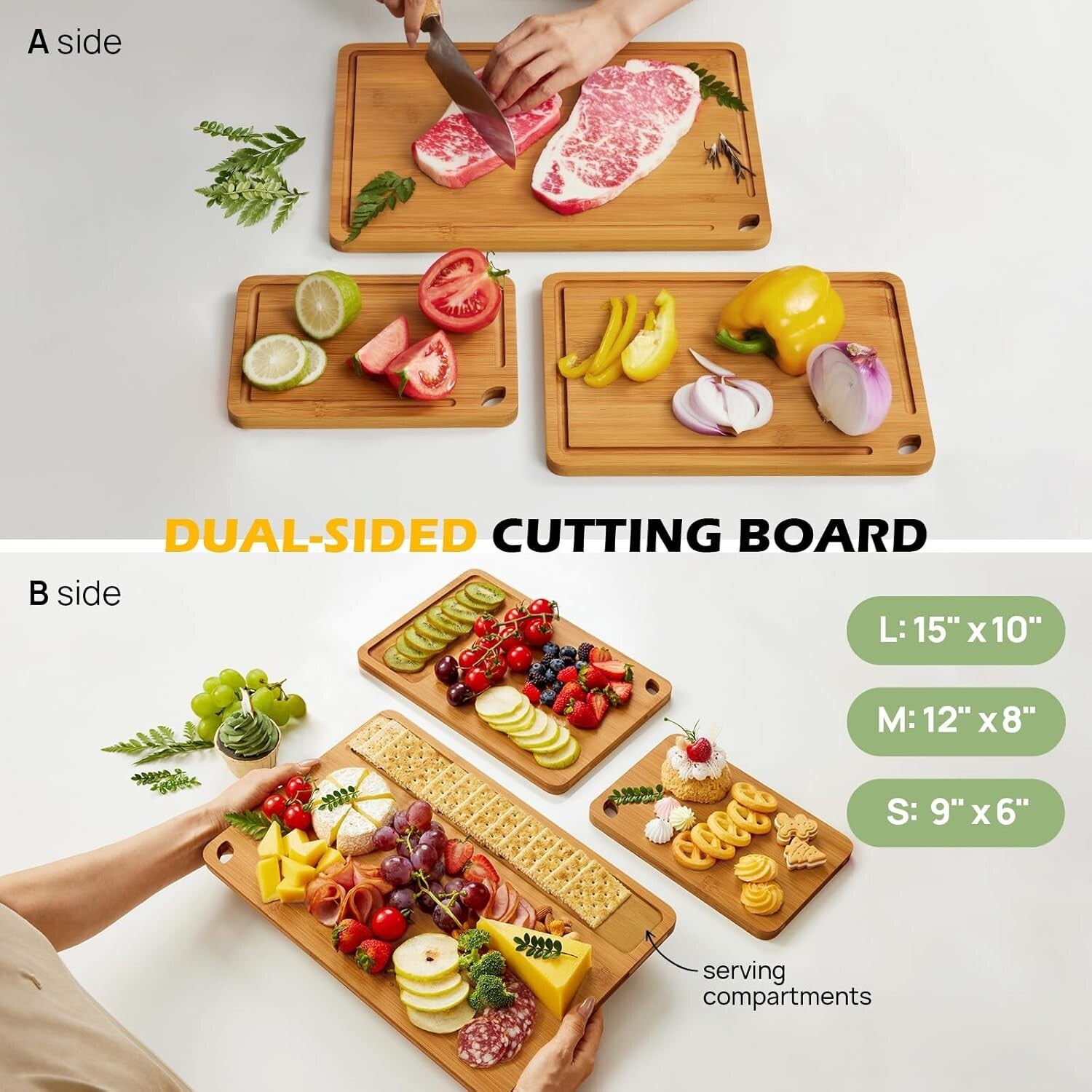 Rectangular Bamboo Chopping Board Set - Perfect for Meat, Veggies & Charcuterie