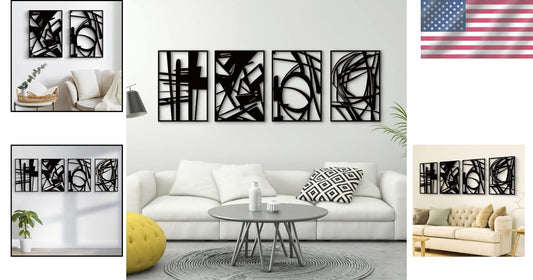Elegant 3D Textured Black Metal Wall Sculptures - Modern Abstract Art Set of 4