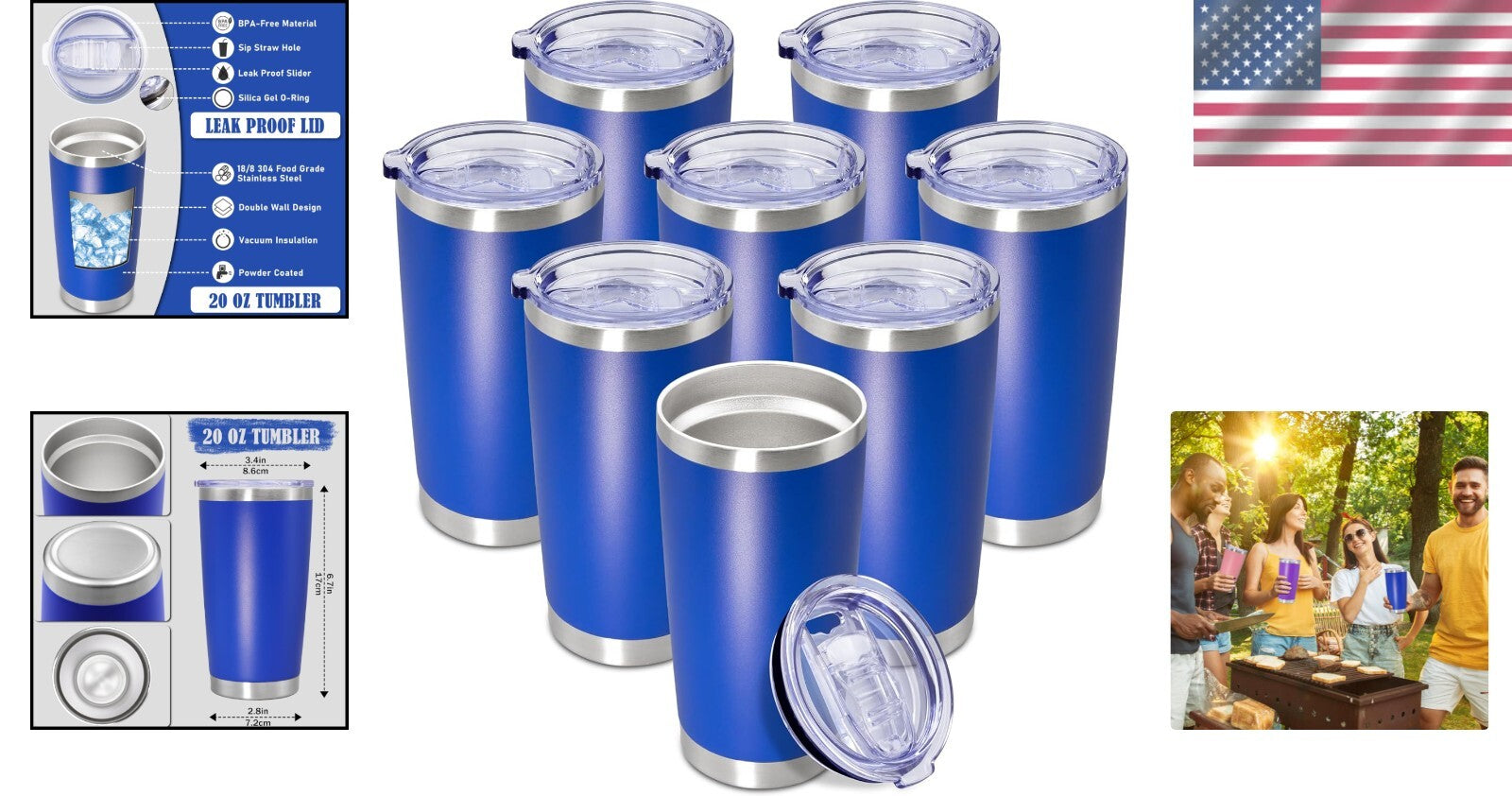 20 oz Vacuum Insulated Stainless Steel Travel Mugs - 8 Pack Leak Proof Cups