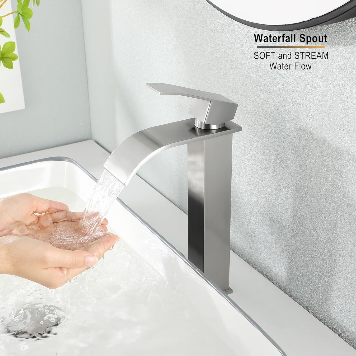 Elegant Waterfall Sink Faucet - Durable Single Handle in Brushed Nickel Finish