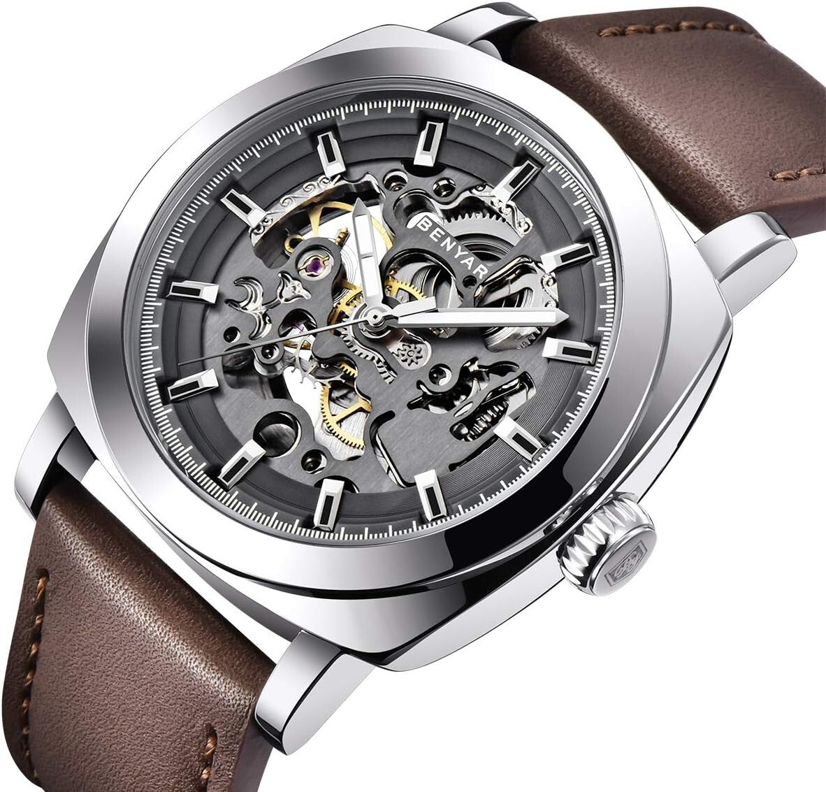 Benyar Skeleton Mechanical Watch for Men – 45mm Dial & Leather Strap Elegance