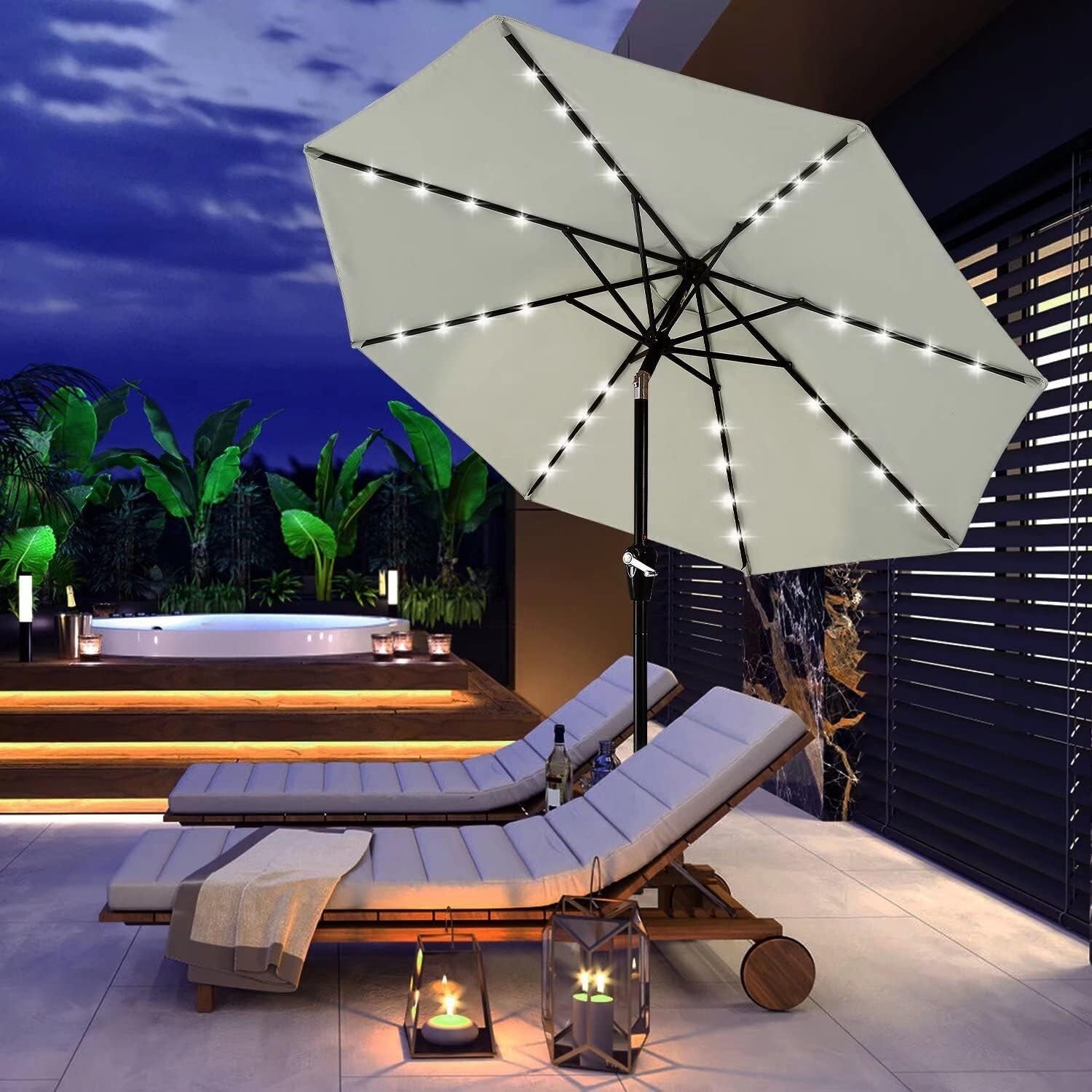 Versatile 9FT Solar Powered Patio Umbrella with 32 LED Lights for Outdoor Use