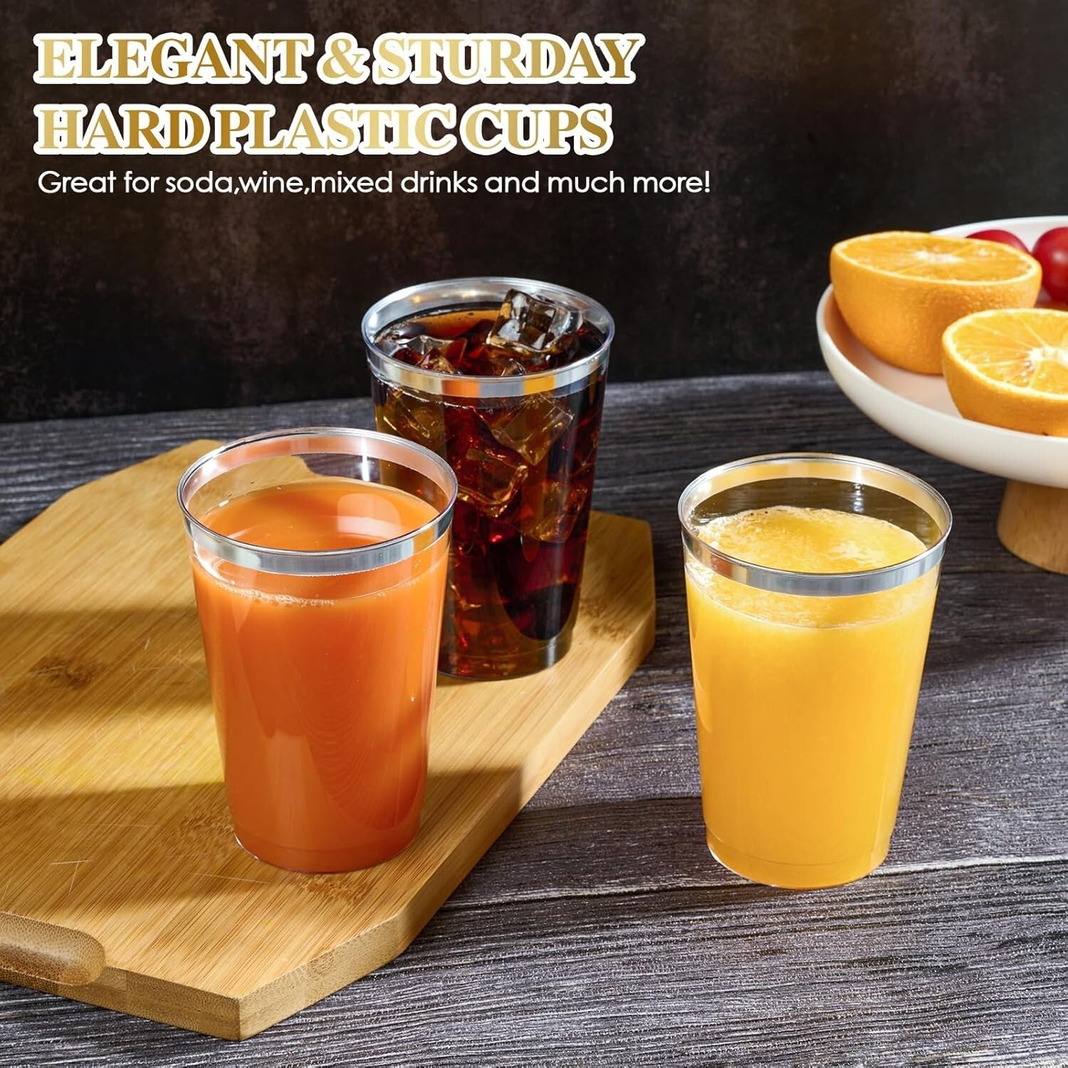 Sturdy 12 oz Clear Plastic Cups with Silver Rim - Perfect for Weddings & Events