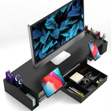 Load image into Gallery viewer, Multi-Functional Black Monitor Stand with Sliding Drawer &amp; Organizers for Desks