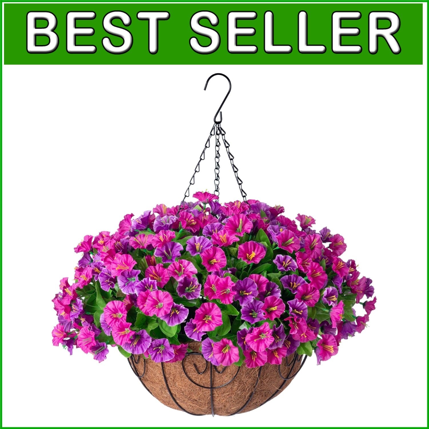 Elegant Faux Silk Petunias in Coconut Basket - Indoor/Outdoor Hanging Flowers
