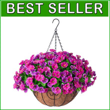 Load image into Gallery viewer, Elegant Faux Silk Petunias in Coconut Basket - Indoor/Outdoor Hanging Flowers