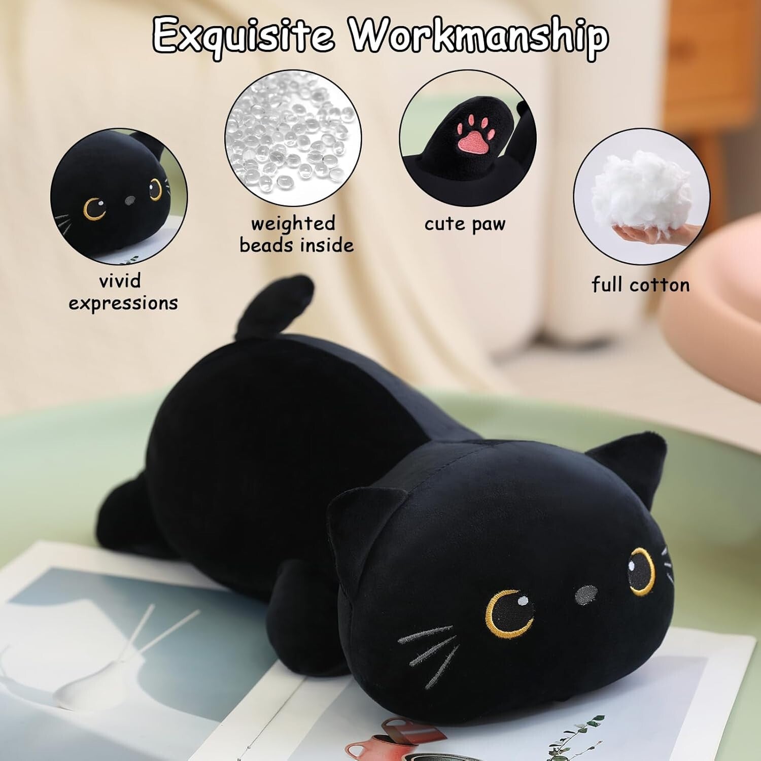 Charming 23.6 Inch Weighted Black Cat Plush Toy & Pillow - Perfect Gift!