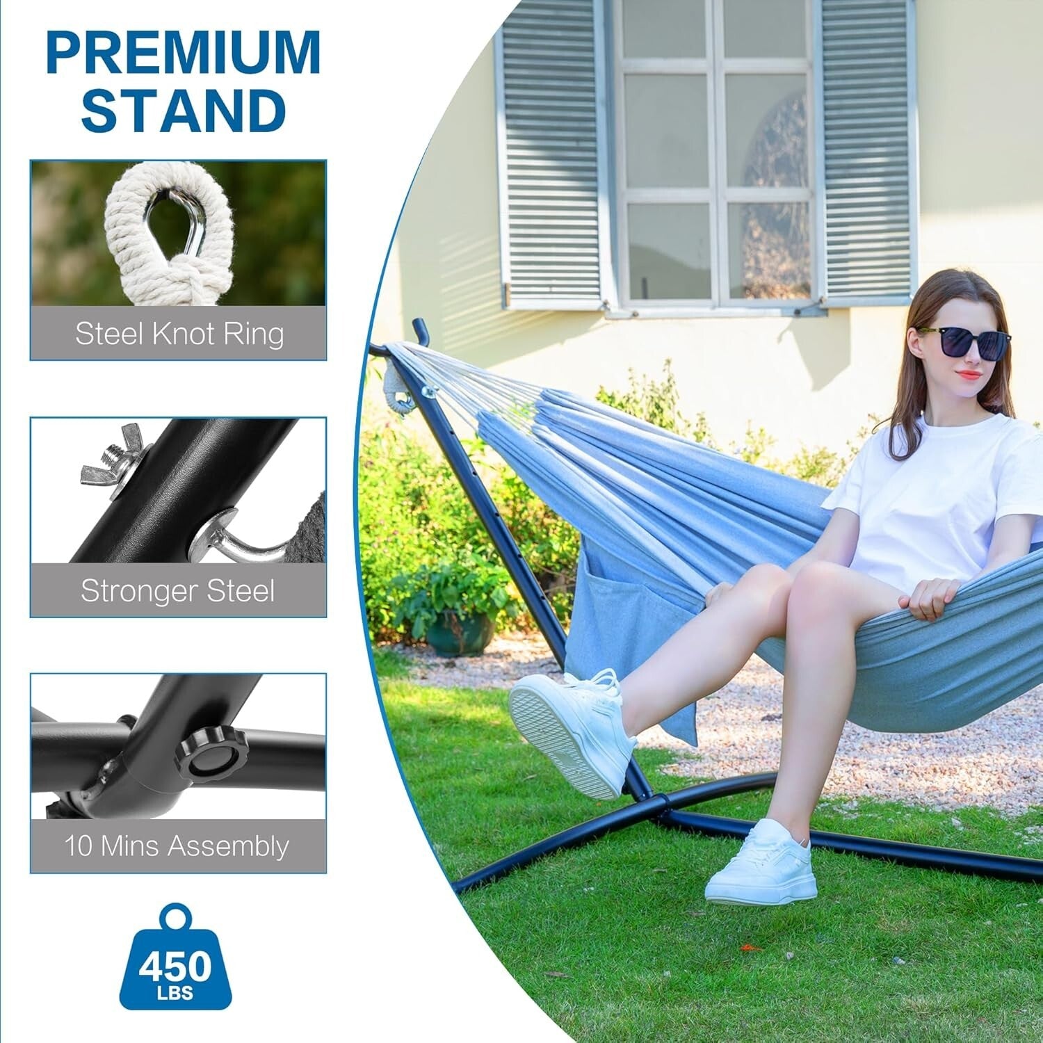 Space-Saving Double Hammock with Easy-Care Steel Stand - Portable & Stylish