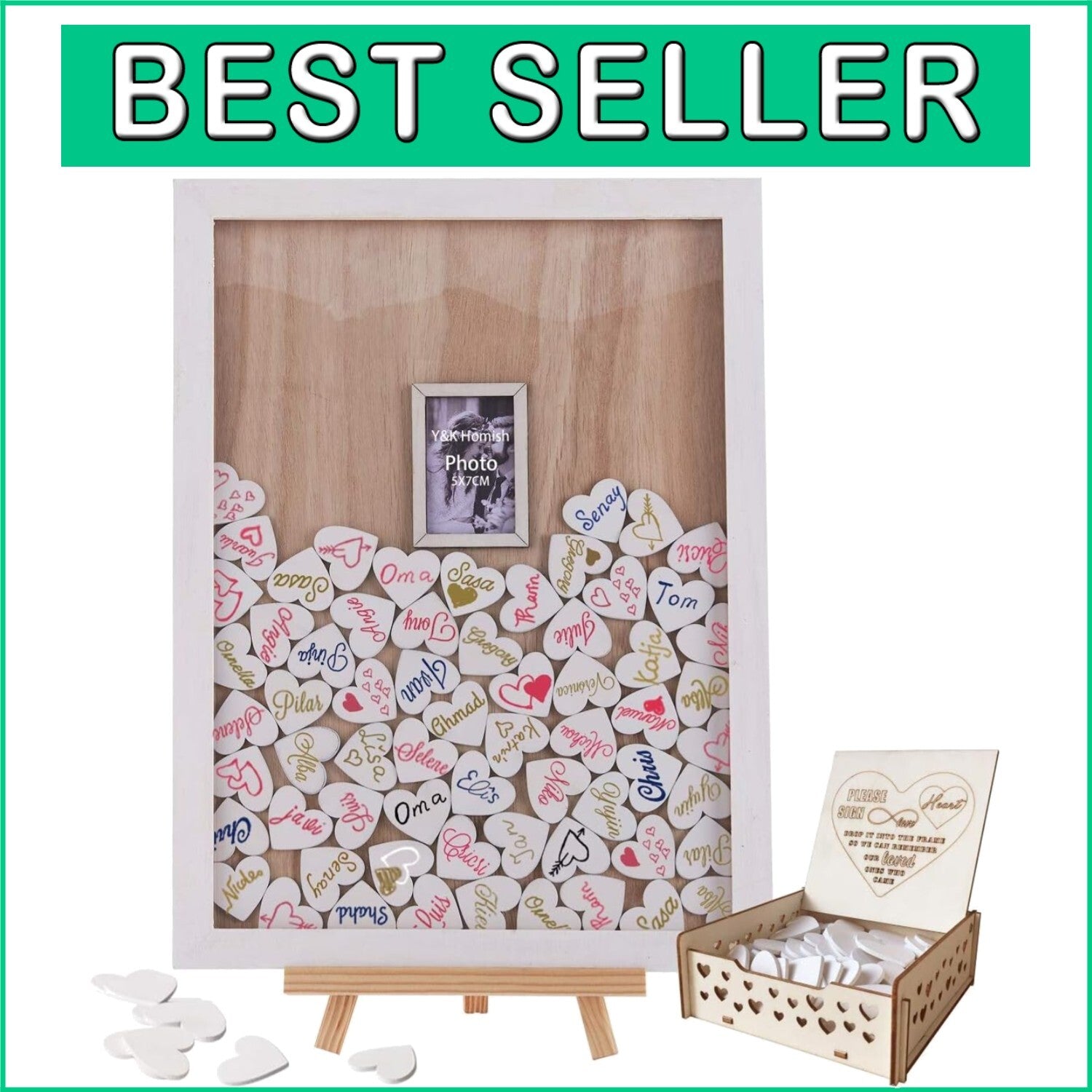 Art Deco Wedding Guest Book Frame with Natural Finish and Signing Hearts