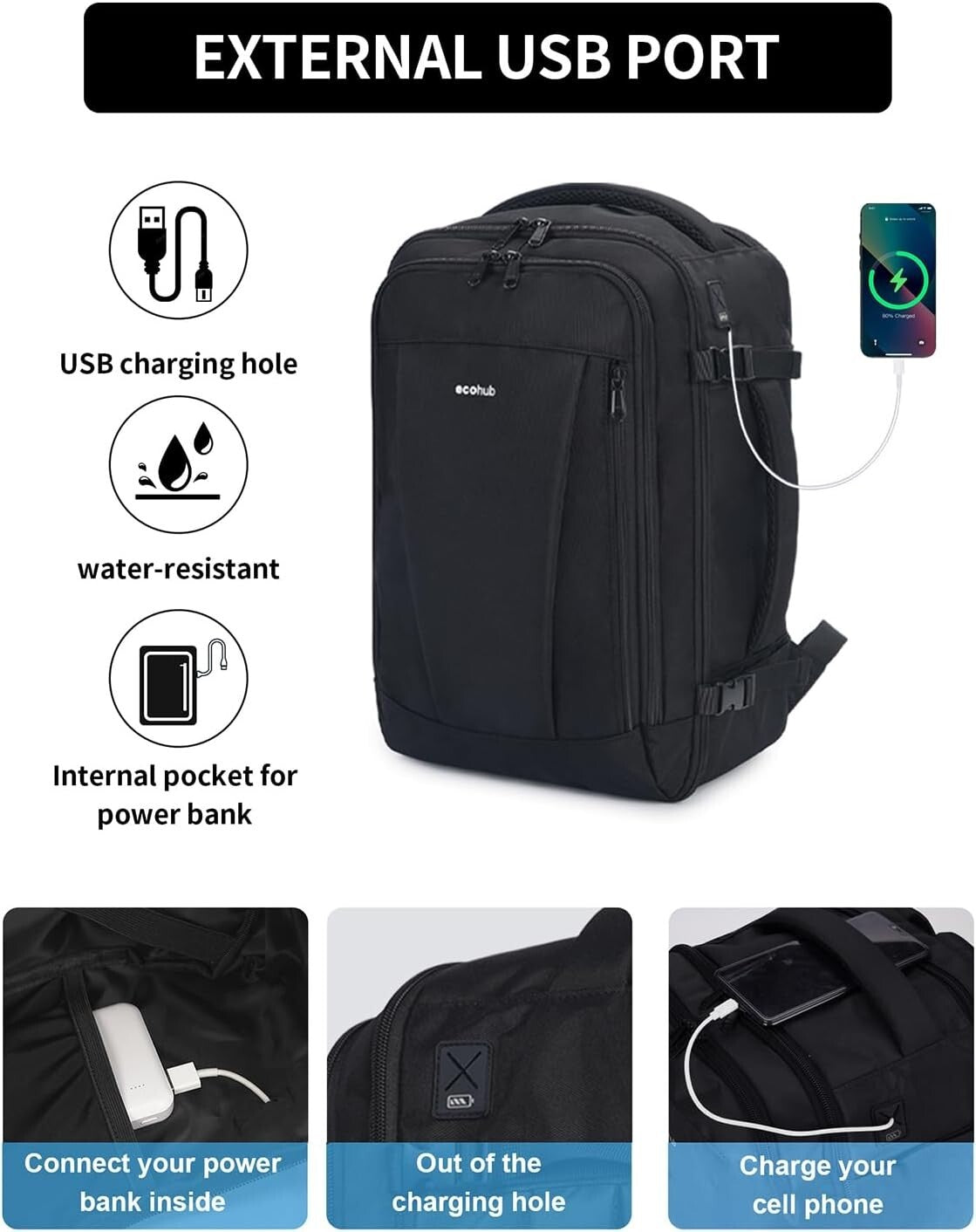 Functional Travel Backpack with Luggage Sleeve & Expandable Water Bottle Pocket